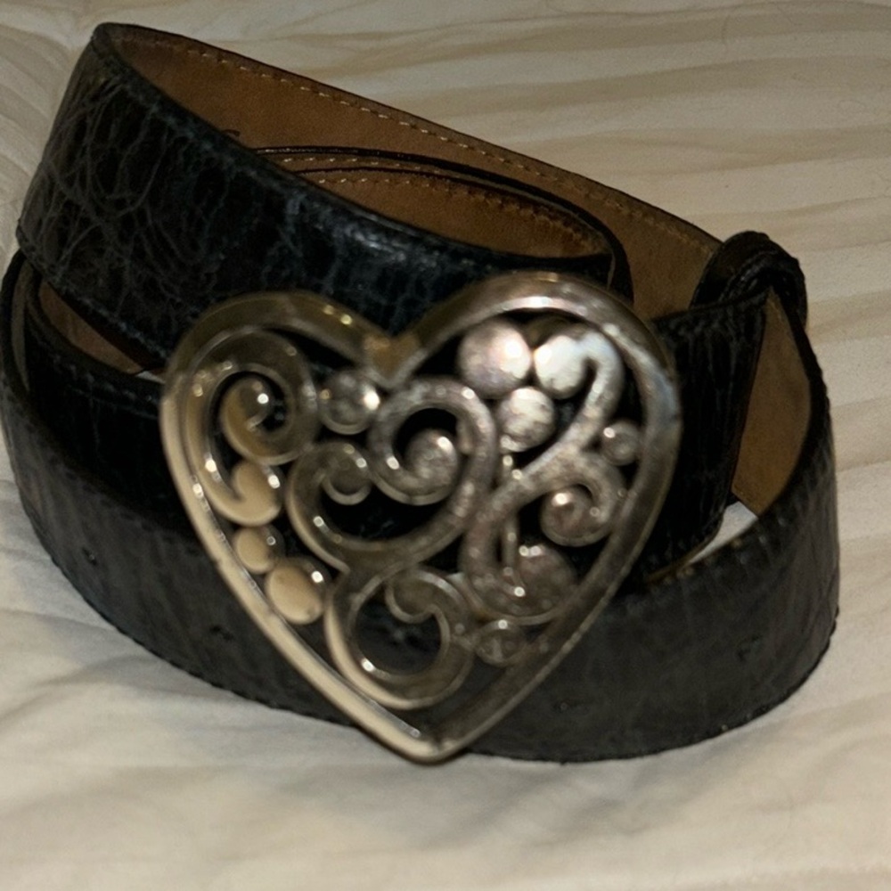 Vintage Brighton Croc Leather Black Heart Belt Size 38 Silver Heart Buckle